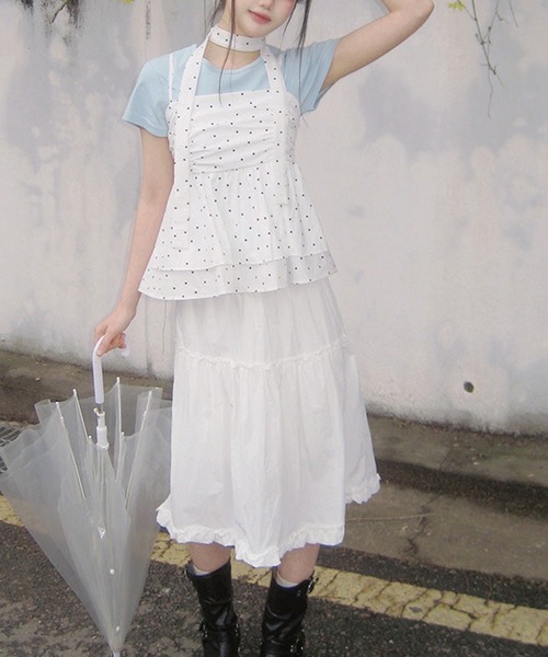 Girly Doll(ガーリードール)の「ドット柄リボンタイ付きギャザーキャミソール(キャミソール・レディース・ブラック/ホワイト・FREE)」の4枚目の写真