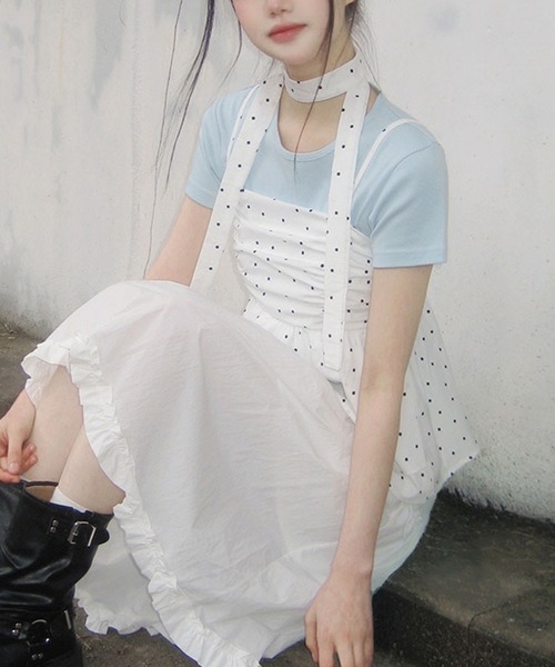 Girly Doll(ガーリードール)の「ドット柄リボンタイ付きギャザーキャミソール(キャミソール・レディース・ブラック/ホワイト・FREE)」の6枚目の写真
