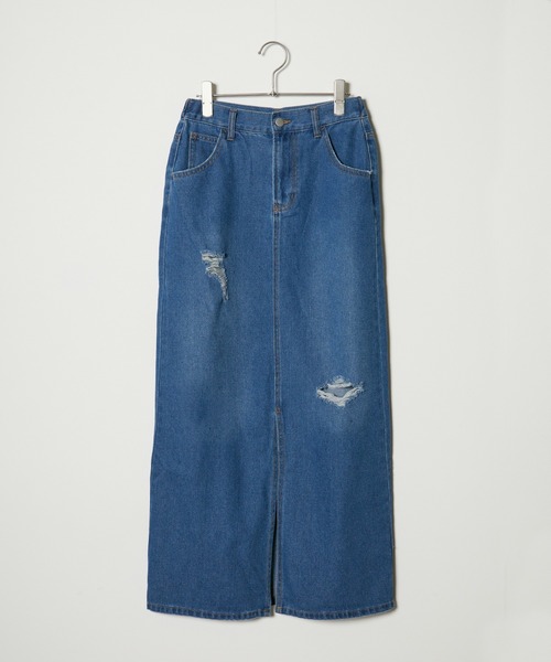 AO2(アオズ)の「Crushed long Denim Skirt / ダメージロングデニムスカート(デニムスカート・レディース・ブルー・S)」の1枚目の写真