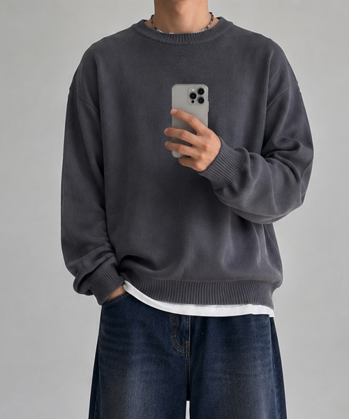GCLIP（ジクリップ）の「ラウンドネック オーバーサイズ ニットTシャツ_2色（ニット/セーター・メンズ・ブラック/チャコール・1/2/3）」の10枚目の写真