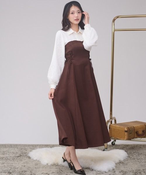Ambre Neige（アンブルネージュ）の「assortment lace up docking dress / アソートレースアップドッキングワンピース（ワンピース・レディース・ボルドー/チャコールグレー/ブラウン系その他/ダークブラウン・FREE）」の3枚目の写真