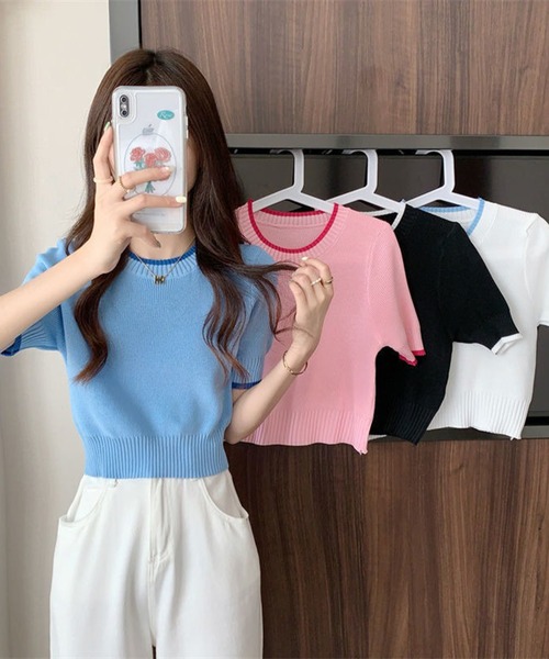 L LABEL（エルラベル）の「カラートリムニットTシャツ（ニット/セーター・レディース・ホワイト/ピンク/ブラック/ブルー・FREE）」の5枚目の写真