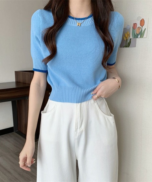 L LABEL（エルラベル）の「カラートリムニットTシャツ（ニット/セーター・レディース・ホワイト/ピンク/ブラック/ブルー・FREE）」の6枚目の写真