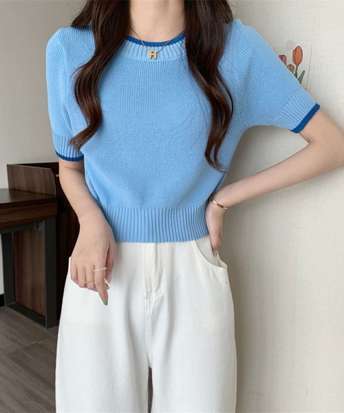 L LABEL（エルラベル）の「カラートリムニットTシャツ（ニット/セーター・レディース・ホワイト/ピンク/ブラック/ブルー・FREE）」の8枚目の写真