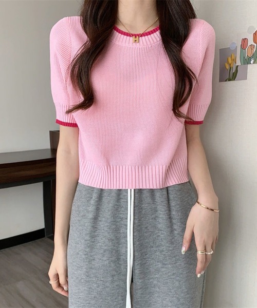 L LABEL（エルラベル）の「カラートリムニットTシャツ（ニット/セーター・レディース・ホワイト/ピンク/ブラック/ブルー・FREE）」の13枚目の写真