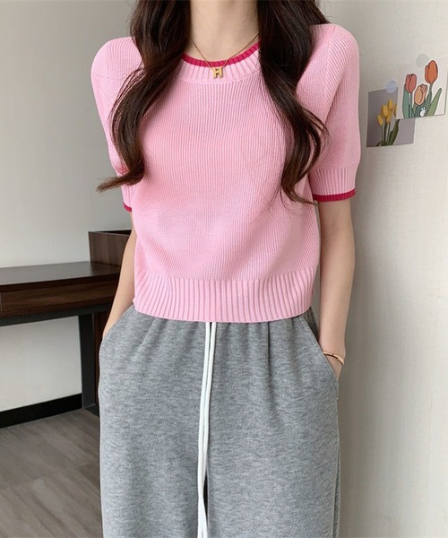 L LABEL（エルラベル）の「カラートリムニットTシャツ（ニット/セーター・レディース・ホワイト/ピンク/ブラック/ブルー・FREE）」の10枚目の写真