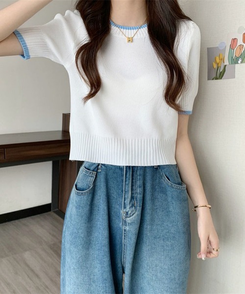 L LABEL（エルラベル）の「カラートリムニットTシャツ（ニット/セーター・レディース・ホワイト/ピンク/ブラック/ブルー・FREE）」の14枚目の写真
