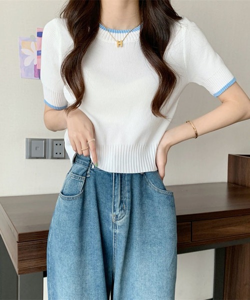 L LABEL（エルラベル）の「カラートリムニットTシャツ（ニット/セーター・レディース・ホワイト/ピンク/ブラック/ブルー・FREE）」の15枚目の写真