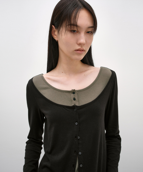 INSILENCE WOMEN(インサイレンスウーマン)の「カーディガンレイヤードヘンリーネックロングスリーブブラック(Tシャツ/カットソー・レディース・その他・SMALL/MEDIUM)」の1枚目の写真