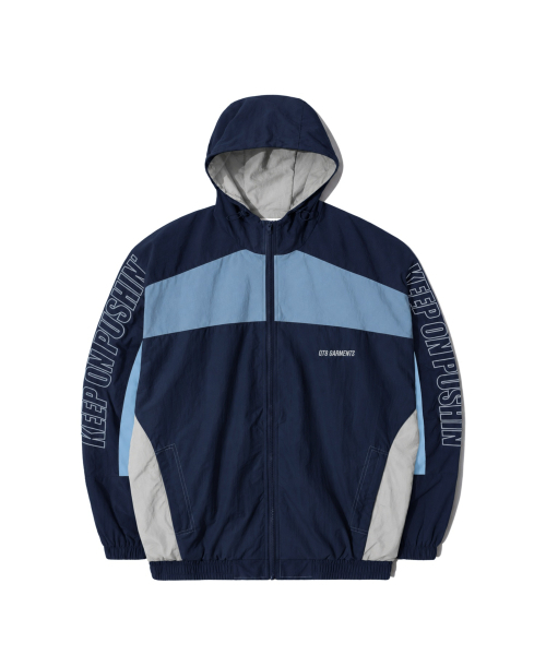QT8 GARMENTS(キューティーエイトガーメント)の「MF Retro Hooded Track Jacket (ネイビー/スカイブルー/グレー)(ナイロンジャケット・メンズ・その他・MEDIUM/LARGE/X-LARGE)」の2枚目の写真