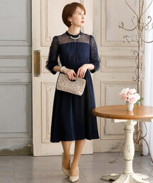 PourVous | 結婚式ワンピースドレスチュールエレガント七分袖&ミモレ丈大きいサイズフォーマルオケージョンドレスお呼ばれ 二次会 成人式 同窓会 謝恩会 20代 30代(ドレス)