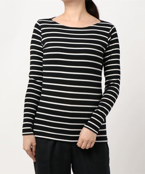 Pierrot(ピエロ)の「1枚でも透けにくい前身頃2枚仕立て ボートネックテレコリブカットソー(Tシャツ/カットソー・レディース・ネイビー/オレンジ系その他/ミント/ブラック×ホワイト/杢グレー/グリーン/イエロー/カーキ/レッド/パープル系その他/ライトブルー/ホワイト×ブラック・L/M)」の3枚目の写真