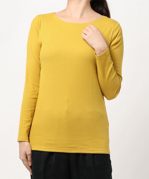 Pierrot(ピエロ)の「1枚でも透けにくい前身頃2枚仕立て ボートネックテレコリブカットソー(Tシャツ/カットソー・レディース・ネイビー/オレンジ系その他/ミント/ブラック×ホワイト/杢グレー/グリーン/イエロー/カーキ/レッド/パープル系その他/ライトブルー/ホワイト×ブラック・L/M)」の10枚目の写真