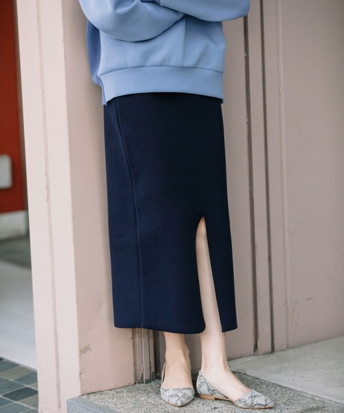 Munich(ミューニック)の「ダブルフェイスニット 2WAYタイトスカート(セットアップ可)(スカート・レディース・ネイビー/カーキ/イエロー/アイボリー・S/M)」の3枚目の写真