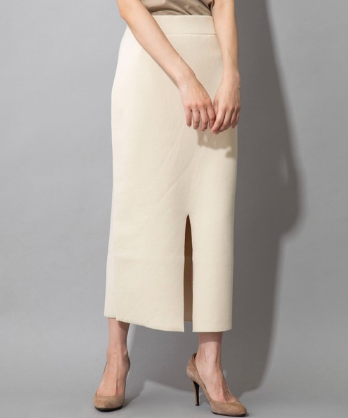 Munich(ミューニック)の「ダブルフェイスニット 2WAYタイトスカート(セットアップ可)(スカート・レディース・ネイビー/カーキ/イエロー/アイボリー・S/M)」の1枚目の写真