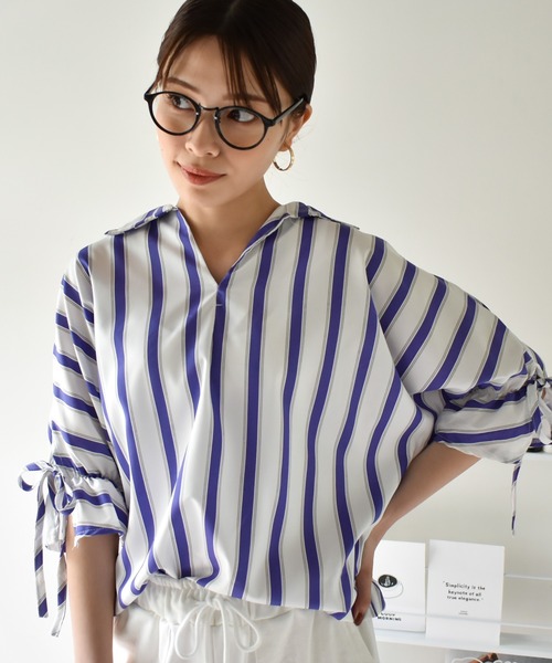 Cheri（シェリ）の「シフォンストライプVネックブラウス（シャツ/ブラウス・レディース・ブラック/ブルー/ピンク・FREE）」の11枚目の写真