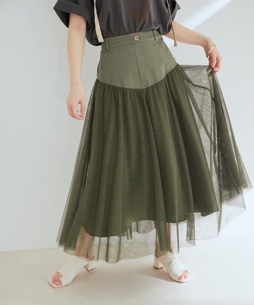 vis-`a-vis(ビサビ)の「【WEB限定】すっきり見えチュールドッキングスカート(スカート・レディース・ブラック/カーキ/キナリ・S/M)」の1枚目の写真