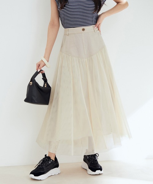 vis-`a-vis(ビサビ)の「【WEB限定】すっきり見えチュールドッキングスカート(スカート・レディース・ブラック/カーキ/キナリ・S/M)」の2枚目の写真