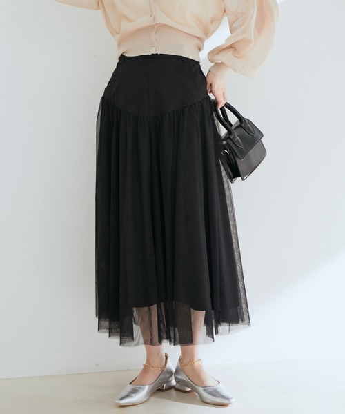 vis-`a-vis(ビサビ)の「【WEB限定】すっきり見えチュールドッキングスカート(スカート・レディース・ブラック/カーキ/キナリ・S/M)」の3枚目の写真