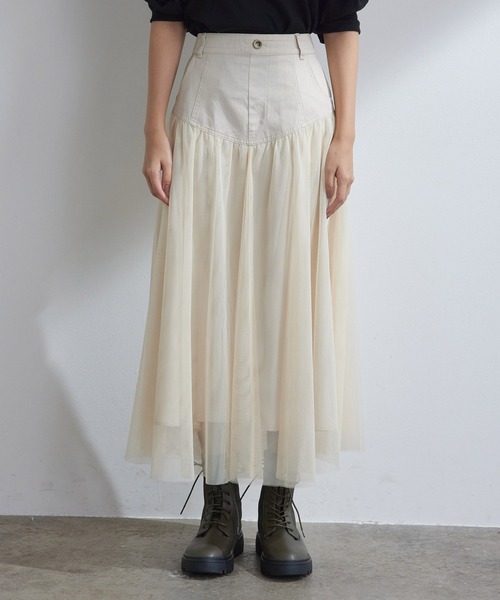 vis-`a-vis(ビサビ)の「【WEB限定】すっきり見えチュールドッキングスカート(スカート・レディース・ブラック/カーキ/キナリ・S/M)」の9枚目の写真