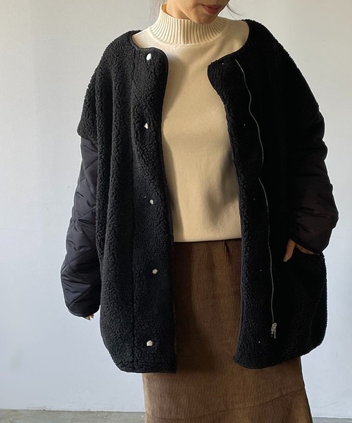210nouve（トゥージュヌーブ）の「ボア×キルティングリバーシブルコート（ノーカラージャケット・レディース・アイボリー/モカ/ブラック/ベージュ/グレイッシュベージュ・FREE）」の2枚目の写真