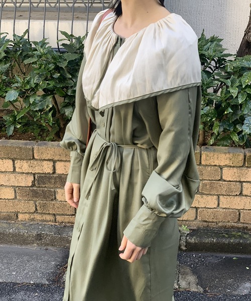 セール】ピューリタンカラー配色ロングワンピース（ワンピース