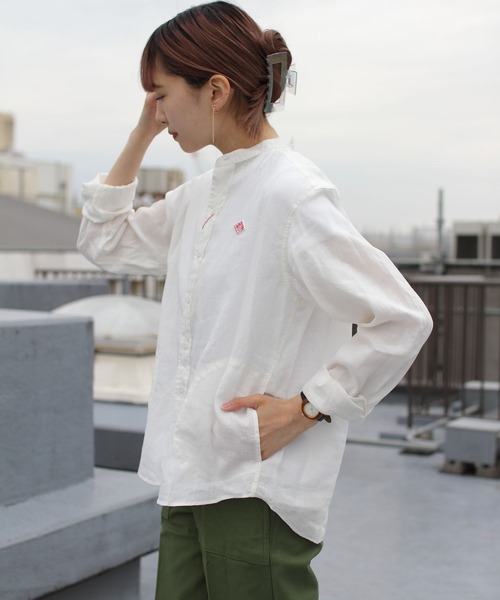 DANTON(ダントン)の「DANTON/ダントン リネン バンドカラーシャツロングスリーブ ソリッド JD-3606KLS(シャツ/ブラウス・レディース・ホワイト/サックスブルー/サックスブルー系1・38/36)」の7枚目の写真