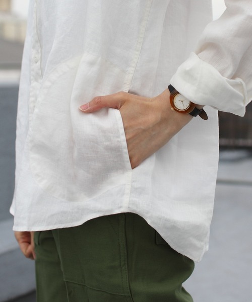 DANTON(ダントン)の「DANTON/ダントン リネン バンドカラーシャツロングスリーブ ソリッド JD-3606KLS(シャツ/ブラウス・レディース・ホワイト/サックスブルー/サックスブルー系1・38/36)」の12枚目の写真