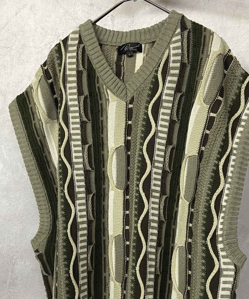 Beno(ビーノ)の「ヴィンテージライク ジャガード 3Dニットベスト(ベスト・メンズ・ベージュ系/グリーン系/ブラック系・M/L)」の6枚目の写真