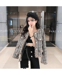お嬢様風格子柄ツイードボタンジャケット