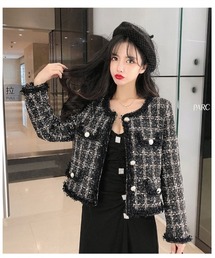 お嬢様風格子柄ツイードボタンジャケット