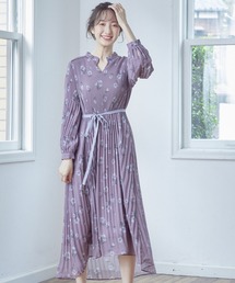 花柄消しプリーツ長袖ワンピース