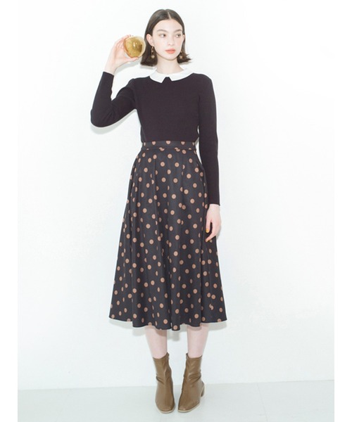TO BE CHIC ドット柄フレアスカート ブラック スパンドットプリント スカート(スカート)｜TO BE CHIC(トゥー