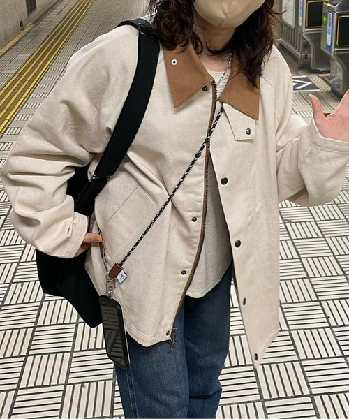 CPCM（シーピーシーエム）の「襟配色短丈ブルゾン（ブルゾン・レディース・グリーン/チャコールグレー/ホワイト・MEDIUM/LARGE）」の4枚目の写真