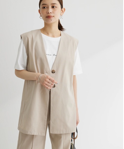 Green　Parks（グリーンパークス）の「綿麻混シングルミディ丈ベスト（ベスト・レディース・ブラック/ライトベージュ/ストライプ・FREE）」の3枚目の写真