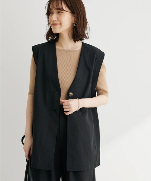 Green　Parks（グリーンパークス）の「綿麻混シングルミディ丈ベスト（ベスト・レディース・ブラック/ライトベージュ/ストライプ・FREE）」の2枚目の写真