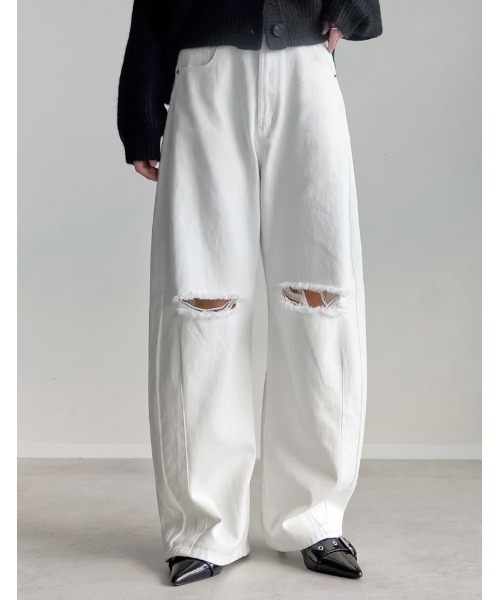 Re:EDIT（リエディ）の「[2025AW COLLECTION][新色追加][販売枚数8.5万枚突破][お気に入り登録数11万突破][トレンドNo.1デニム][全骨格美脚見えシルエット][サイズ別/身長別画像あり][低身長/高身長/大きいサイズ有]裾フリンジバレルレッグデニムパンツ（デニムパンツ・レディース・ブルー/ホワイト/ネイビー/ブラック/ブルー系その他/グレー系その他/ブルー系その他2/ブルー系その他3/ネイビー系/ホワイト系その他/ホワイト系その他2/ブルー系その他4/ブルー系その他5/ブラック系その他・SHORT/SMALL/MEDIUM/TALL/LARGE/X-LARGE/AL/AM/ALL）」の4枚目の写真