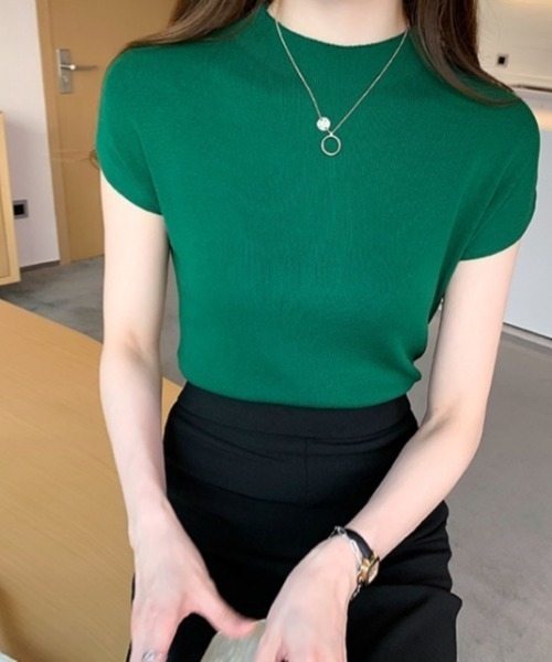 LADY LIKE(レディライク)の「フレンチスリーブプチハイニット(ニット/セーター・レディース・グリーン/ベージュ/サックスブルー/マスタード/ブラック/ホワイト・M)」の4枚目の写真