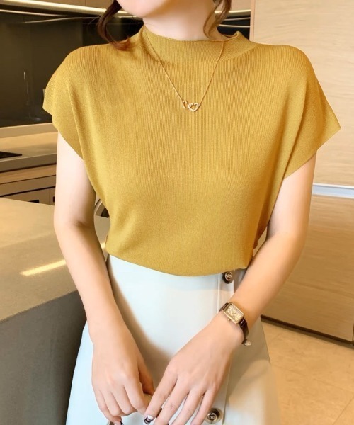 LADY LIKE(レディライク)の「フレンチスリーブプチハイニット(ニット/セーター・レディース・グリーン/ベージュ/サックスブルー/マスタード/ブラック/ホワイト・M)」の13枚目の写真