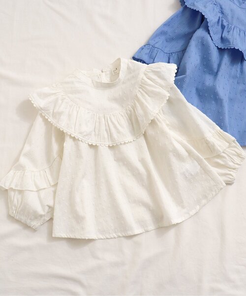 apres les cours（アプレレクール）の「スカラップレースフリルチュニック（チュニック・キッズ・ブルー/アイボリー・90/80/110/100/140/120/130）」の2枚目の写真