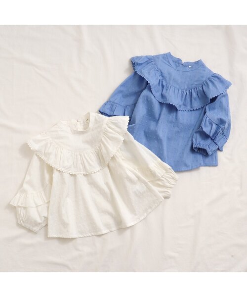 apres les cours（アプレレクール）の「スカラップレースフリルチュニック（チュニック・キッズ・ブルー/アイボリー・90/80/110/100/140/120/130）」の3枚目の写真