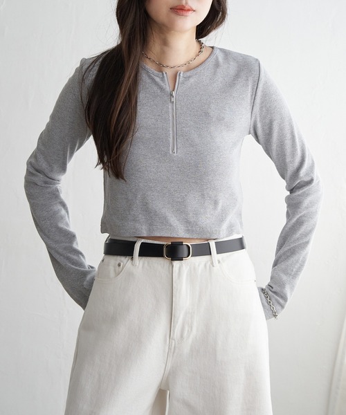 VENCEEXCHANGE（ヴァンスエクスチェンジ）の「テレコハーフジップクロップドプルオーバー（Tシャツ/カットソー・レディース・ブラック/グレー/オフホワイト・FREE）」の3枚目の写真