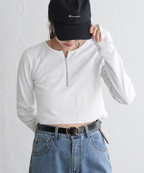 VENCEEXCHANGE（ヴァンスエクスチェンジ）の「テレコハーフジップクロップドプルオーバー（Tシャツ/カットソー・レディース・ブラック/グレー/オフホワイト・FREE）」の2枚目の写真