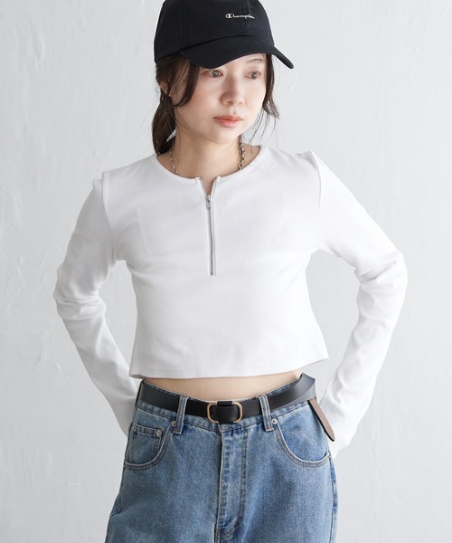 VENCEEXCHANGE（ヴァンスエクスチェンジ）の「テレコハーフジップクロップドプルオーバー（Tシャツ/カットソー・レディース・ブラック/グレー/オフホワイト・FREE）」の5枚目の写真