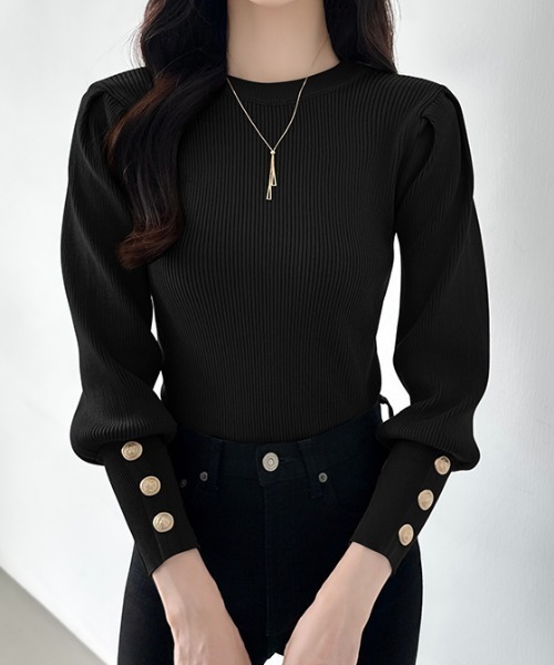 COCOMOMO(ココモモ)の「新色登場 大人きれいめに着映える パフスリーブリブニット 金ボタン リブニット レイヤードトップス ニット パワショル 長袖 オケージョン 秋服 冬服(ニット/セーター・レディース・ライトブラウン/ダークブルー/ワイン/ネイビー/ホワイト/ブラウン/ブラック/ダークグリーン/ライトグレー/ダークグレー・FREE)」の18枚目の写真