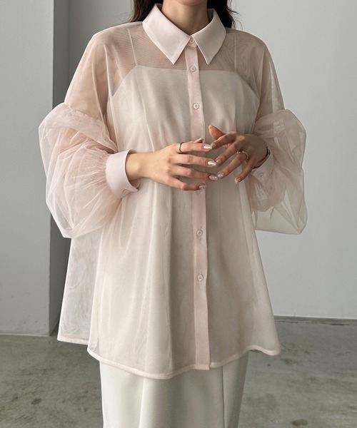 LE PHIL ルフィル シアーローンボリュームスリーブブラウス ピンク