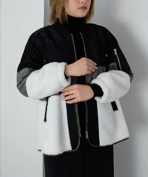 DOLLUPOOPS（ドールアップウップス）の「キルティング×ボアジャケット（ノーカラージャケット・レディース・カーキ/ブラック・38）」の2枚目の写真