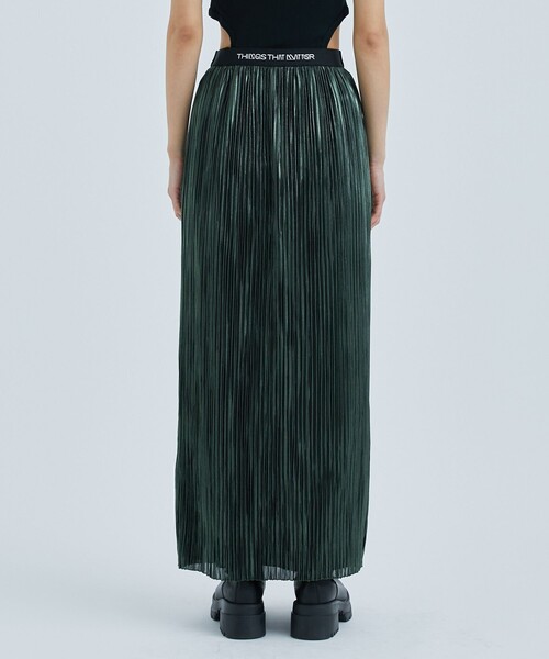 THINGS THAT MATTER（シングス ザット マター）の「【THINGS THAT MATTER/(シングス ザット マター)】FOIL SATIN PLEATS NARROW SKIRT/サテンプリーツナロースカート（スカート・レディース・ブラック/グリーン・1/2）」の5枚目の写真