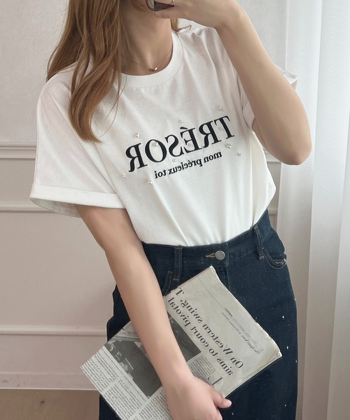 apres jour(アプレジュール)の「パールロゴTシャツ【ZOZOTOWN限定アイテム】(Tシャツ/カットソー・レディース・ピンク/オフホワイト/ブラック・X-LARGE/フリー)」の6枚目の写真