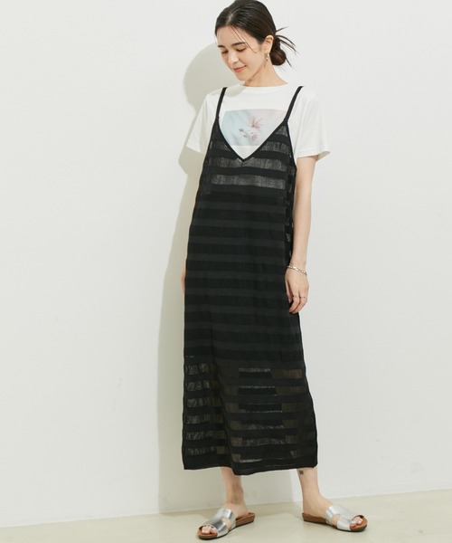 le cercle ADAM ET ROPE'(ルセルクルアダムエロペ)の「【セットアップ対応】ボーダーメッシュキャミワンピース(ワンピース・レディース・ブラック/ダークブラウン/グリーン系その他・FREE)」の1枚目の写真
